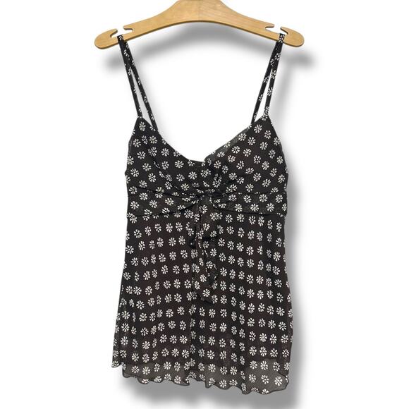 H&M Y2K Tank Top Babydoll Floral Daisy Chiffon Bow Brown Flowy Cottage Size 4 - Picture 1 of 11